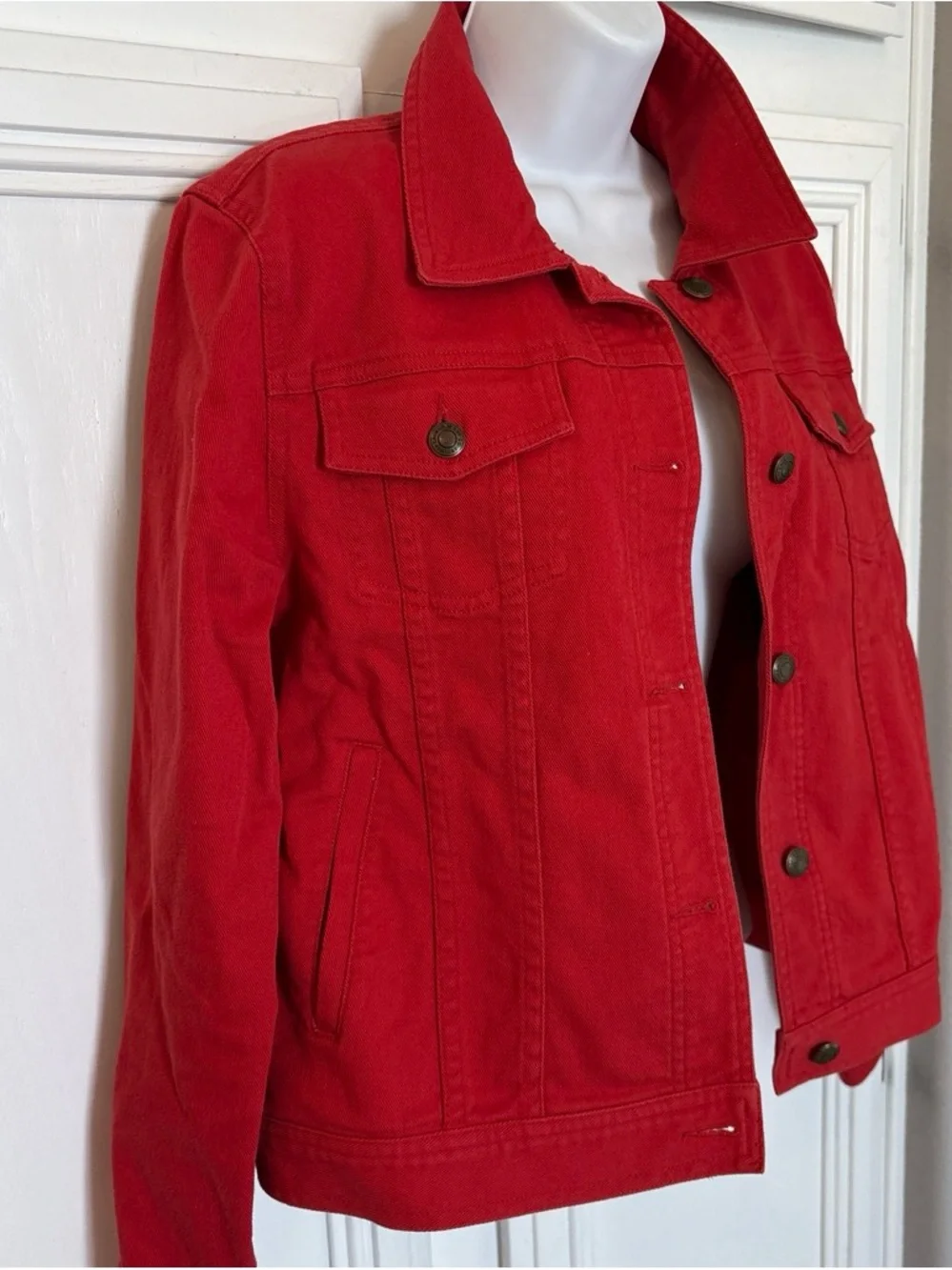 Lauren Ralph Lauren Red Denim Jacket Women’s Medium Stretch Cotton Trucker Jean - Picture 3 of 12